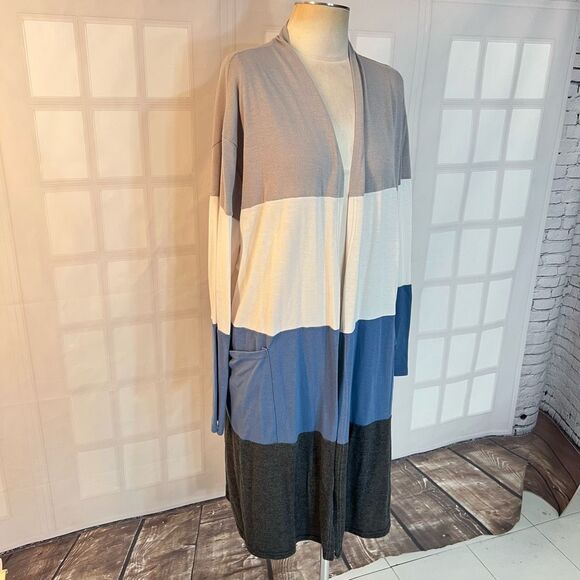 Amaryllis Multicolor Striped Colorblock Long Open Front Cardigan Sweater Size 2X - Picture 2 of 11